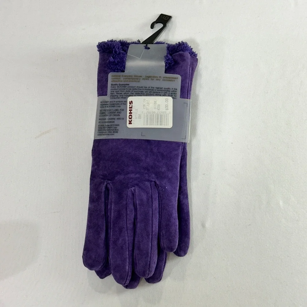 Isotoner Everyday Gloves Womens Medium Bright Purple Suede Faux Fur Trim Y2K